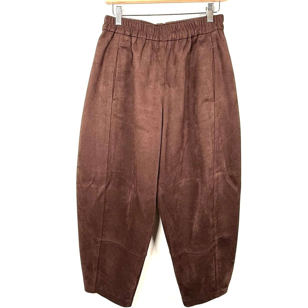 Max Studio Faux Suede Barrel Leg Pants S Brown Pull On High Rise Tapered Crop